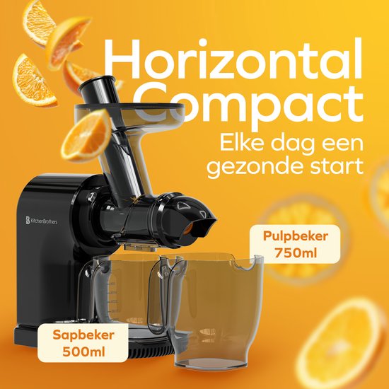 KitchenBrothers Slowjuicer - Compact - Presse-agrumes - Presse-légumes et fruits - 45 mm - 500 ml - Noir