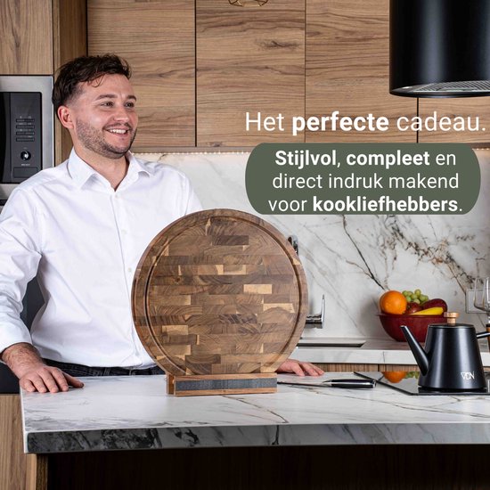 VDN Professional Cutting Board Round Acacia Wood with Juice Trench and Handles - Anti-slip Chopping Board with Holder Set - Chopping Block Headwood Ø 38 x 3.8 CM