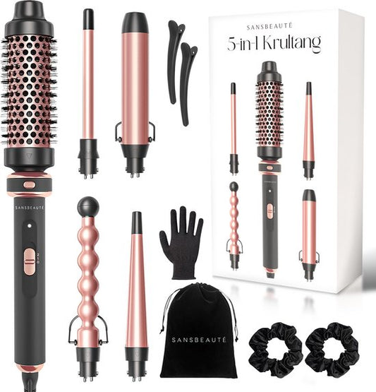 Sansbeauté® 5 in 1 Thermal Brush - Heat Brush - Thermal Brush 38mm with Attachments - Curling Brush - Blow-dry Brush Short Hair - Hair Curler - Hair Brush - Thermal Brush - Multistyler - Hairstyler - Volume and Curls
