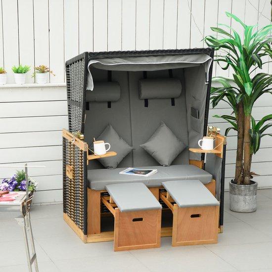 Outsunny - Chaise de plage avec capot - Bois - Polyester - Gris clair