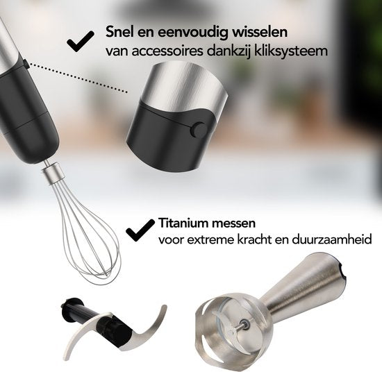 Aviro 6-in-1 Hand Blender Set - 1000W - 20 Speeds - Chopper, Milk Frother, Whisk & Measuring Cup - stainless steel