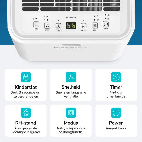 Déshumidificateur Bloomfold - 12L par jour - Fonction Lavage-Séchage incluse - Convient au salon, à la chambre et à la salle de bain - Déshumidificateur - Blanc