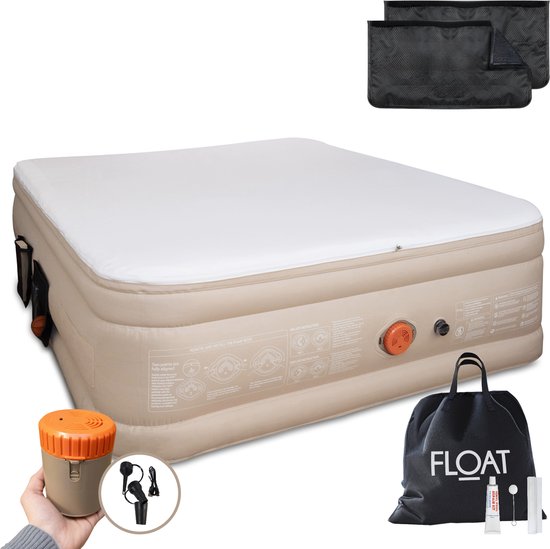FLOAT CloudSpring - Lit gonflable 2 personnes avec surmatelas en mousse (5 cm) - Gonflage rapide en 3 minutes - 2 sacs de rangement, sac de transport et kit de réparation inclus - 203x152x46 cm - Matelas gonflable autogonflant pour 2 personnes - Pompe éle