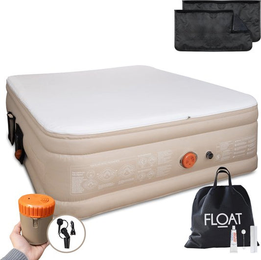 FLOAT CloudSpring - Lit gonflable 2 personnes avec surmatelas en mousse (5 cm) - Gonflage rapide en 3 minutes - 2 sacs de rangement, sac de transport et kit de réparation inclus - 203x152x46 cm - Matelas gonflable autogonflant pour 2 personnes - Pompe éle