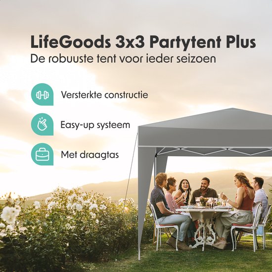 LifeGoods Party Tent Plus - Tente pliante - 3x3 m - Montage facile - Armature renforcée - Imperméable - Sac de transport - Gris