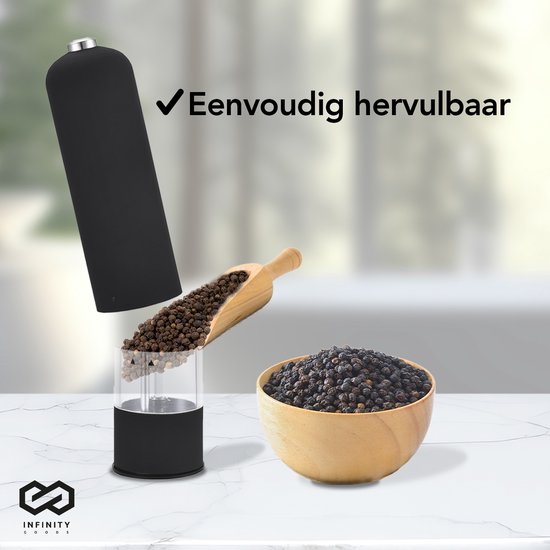 Infinity Goods Moulin à poivre et à sel électrique - Moulin à poivre - Moulin à sel - Moulin à épices - Noir