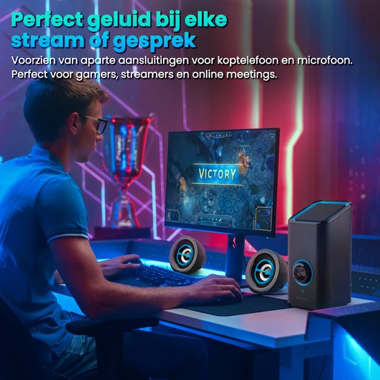 Haut-parleurs pour PC - Avec Bluetooth 5.0 - Haut-parleurs d'ordinateur - Haut-parleurs pour PC - USB-C et USB-A - Ensemble complet de 3 pièces - Ensemble de haut-parleurs - Noir et bleu - Faas