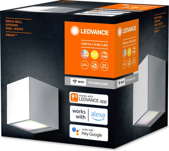 LEDVANCE Luminaire de jardin mince LED : pour mur, SMART+ BRICK MULTICOLOR / 14 W, 22-...24- V, Blanc chaud, 3- K, matériau du boîtier : aluminium/acier, IP44