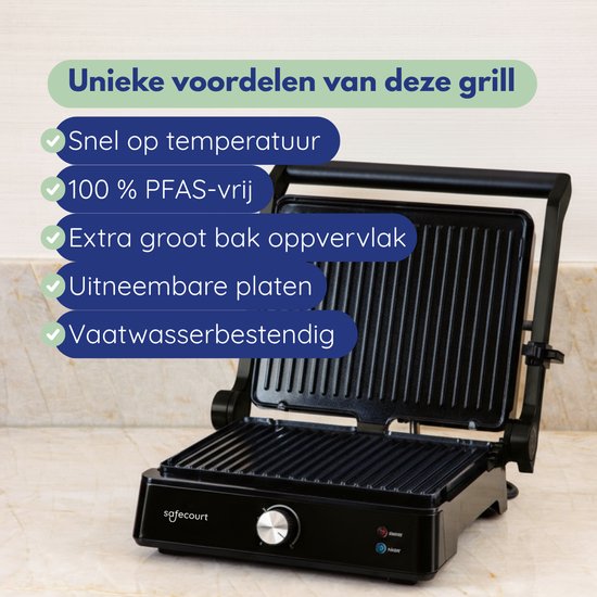 Safecourt Kitchen - Grille à panini et fer à sandwich grillé - Plaques amovibles sans PFAS et lavables au lave-vaisselle - Grande surface de gril - Chaleur rapide - Gril à contact - Noir