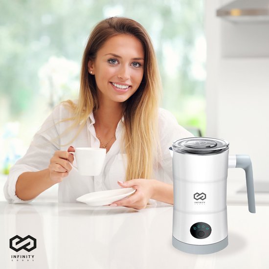 Infinity Goods Mousseur à lait électrique 4 en 1 - 350 ml - Mousse et chauffe - Cappuccino - Lavable au lave-vaisselle - Blanc