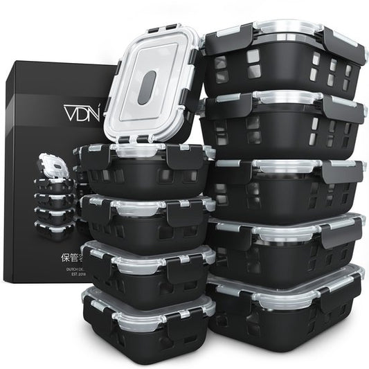VDN Récipients en verre pour la préparation des repas avec manchon en silicone - 10 pièces de récipients en verre borosilicate pour aliments frais - hermétique et sans BPA - magnétron avec valve, résistant au four, au congélateur et au lave-vaisselle - 5x