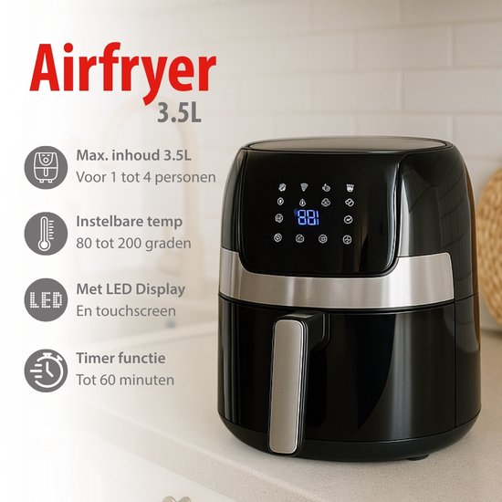 alpina Airfryer 4.5L- Friteuse à air chaud pour 2 à 4 personnes - Friteuse à air avec température réglable de 80°C à 200°C - Minuteur jusqu'à 60 minutes - Friteuse à air chaud 1400W - Noir