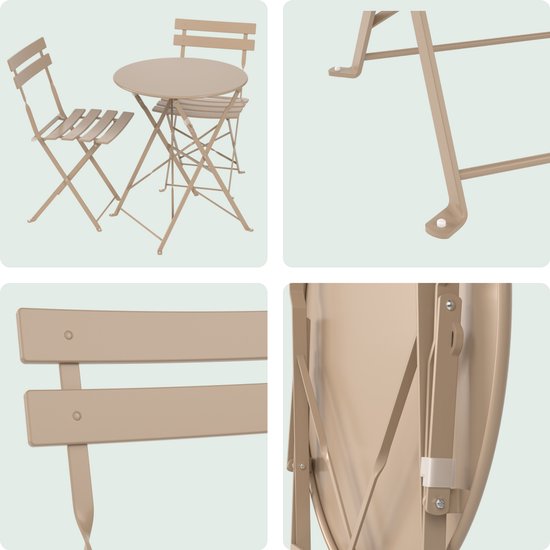 LifeGoods Set Bistro - Acier - 3 pièces - Set de jardin - Pliant - Set de balcon avec table - Résistant aux intempéries - Taupe