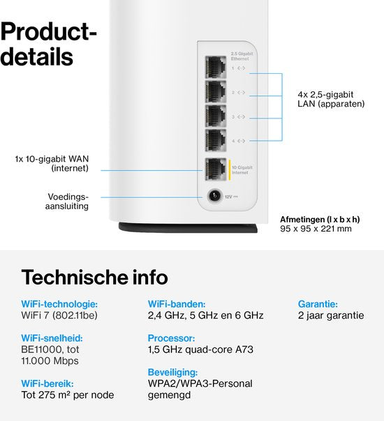 Linksys Velop Pro 7 10G - Mesh WiFi - Tri-bande - Routeur WiFi 7 - 11000 Mbps - 1-Pack - Blanc