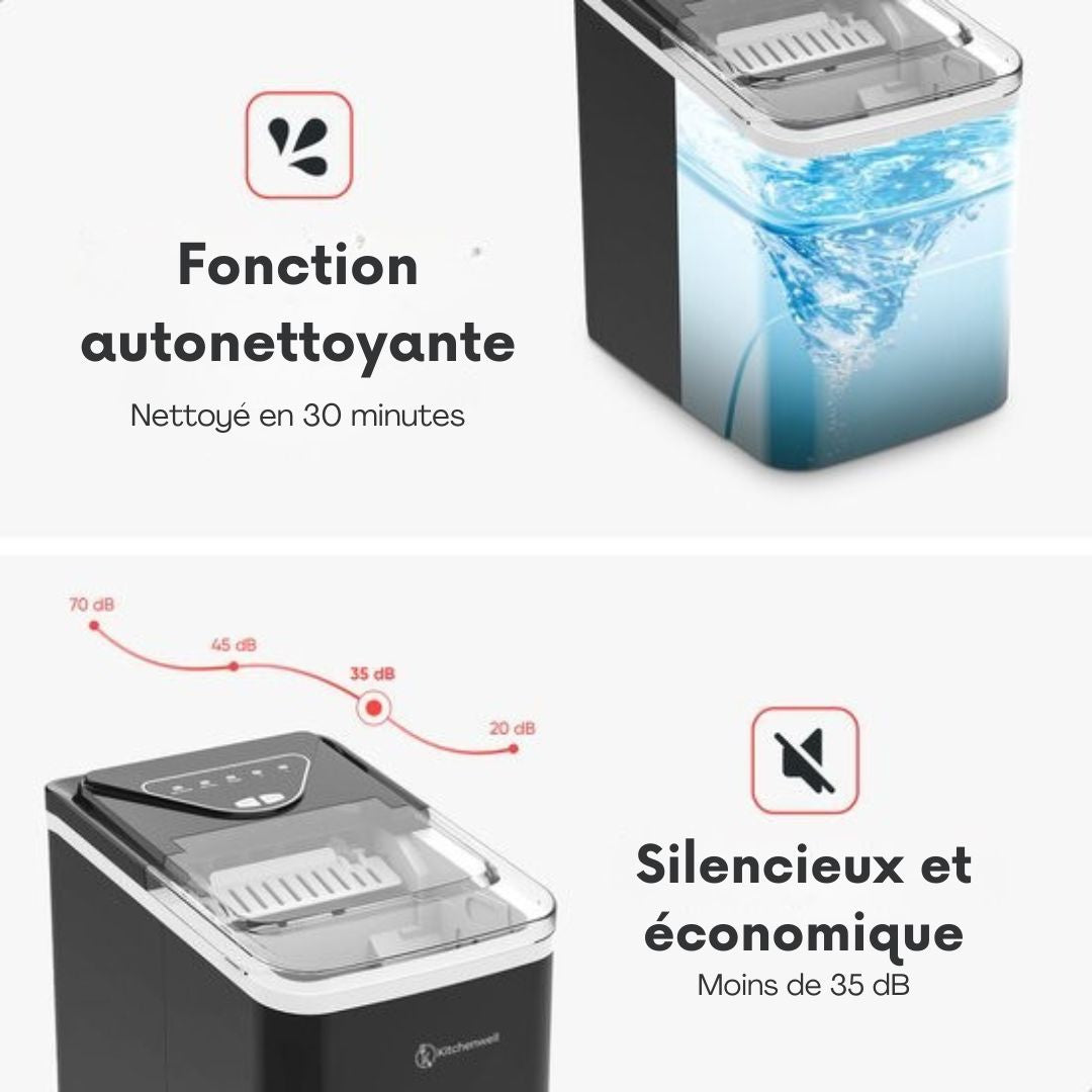 Machine à glaçons Kitchenwell - 2L - avec pelle à glace - 12kg/24 heures - Fonction auto-nettoyante - Noir