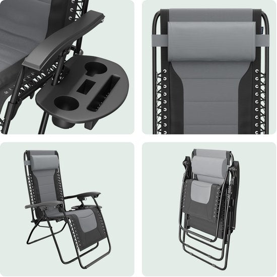 LifeGoods Chaises longues confort - pliable - 30°-90° réglable - support pour gobelets et téléphone - chaises de jardin - noir/gris