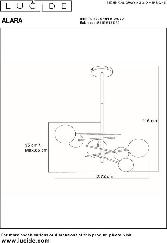 Lucide ALARA - Lampe suspendue - Ø 72 cm - LED - G4 - 6x1,5W 2700K - Noir