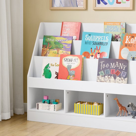 SoBuy Montessori KMB118-W Bibliothèque pour enfants, étagère pour enfants avec 3 compartiments de rangement et rangement pour jouets, chambre d'enfant, étagère pour livres et rangement pour jouets, blanc, 100 x 80 x 30 cm
