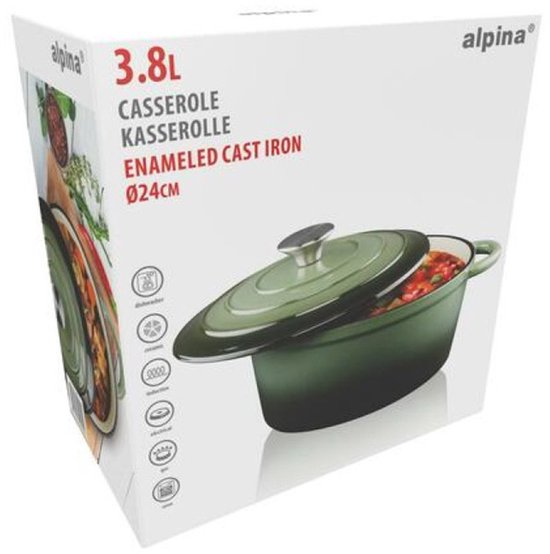 alpina Casserole en fonte avec couvercle - Plaque de cuisson ⌀ 24 cm - Toutes sources de chaleur - Vert
