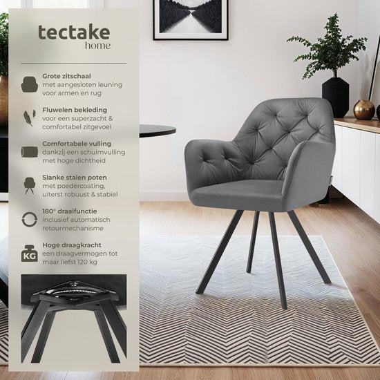 tectake® - Chaise pivotante en velours - Chaise de salle à manger avec accoudoirs - Assise et dossier ergonomiques - Pivotant à 180 degrés - Chaise moderne avec pieds en acier - Diverses couleurs - Anthracite