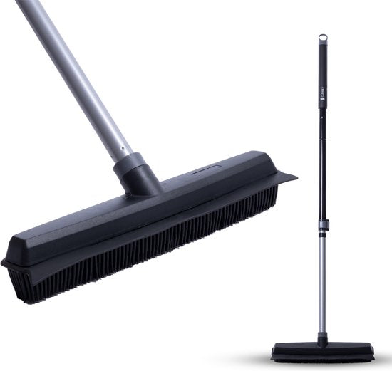 CLEANLY Balai en caoutchouc avec raclette - Balai de barbier - Balai doux intérieur et extérieur - télescopique 114-142 cm - Brosse avec manche - Balai d'intérieur - Largeur 34 cm - Noir, Gris