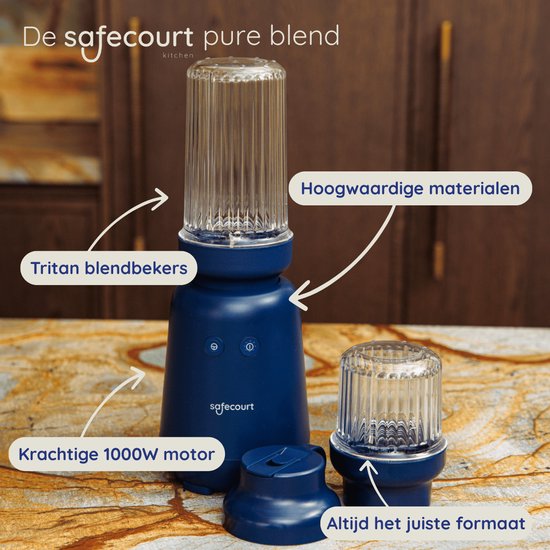 Safecourt Kitchen PureBlend - 1000W Smoothie maker - BPA free - includes to-go drinking lid + straw- Premium Tritan blend cups - Blue