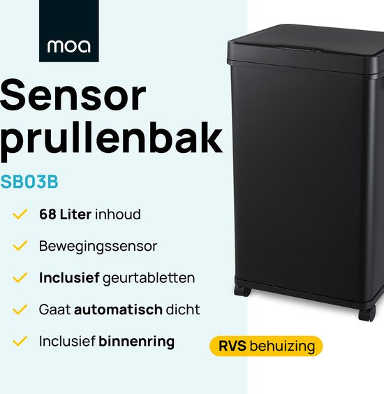MOA Poubelle avec capteur - 68 litres - Poubelle - Acier inoxydable et ABS durable - Antidérapant - Couvercle silencieux - Mode de fermeture différée - Noir - SB03B