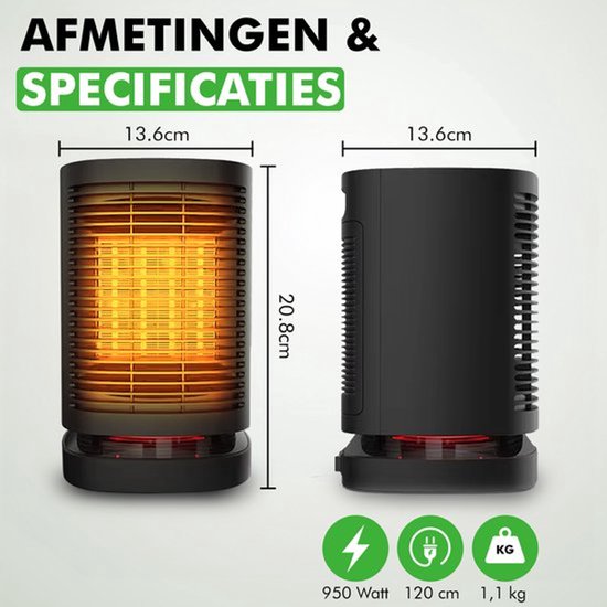 Travelhawk Chauffage électrique - Chauffage céramique - 3 niveaux - 950W - Chauffage électrique avec indication LED - Rotatif - Noir