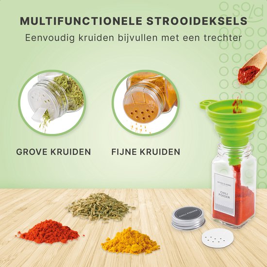 S.old - 36 pots à épices en verre carrés avec couvercle - Spice Spreader - Set complet avec couvercles à saupoudrer, autocollants préimprimés et entonnoir - Capacité 120 ml - 10,5 x 4,3 cm