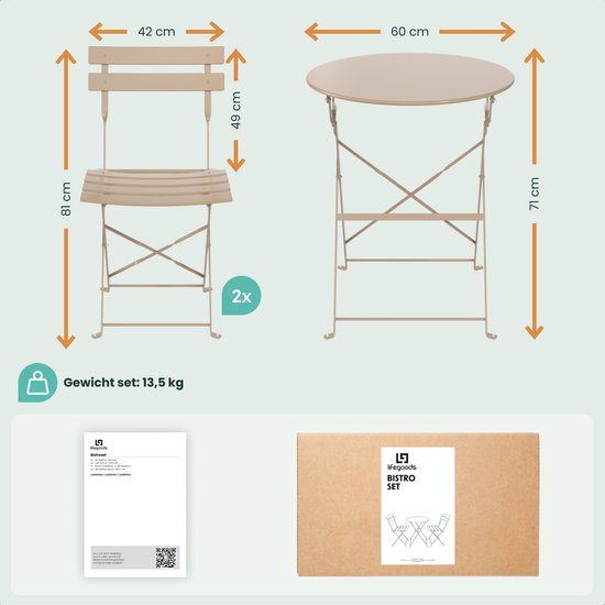LifeGoods Set Bistro - Acier - 3 pièces - Set de jardin - Pliant - Set de balcon avec table - Résistant aux intempéries - Taupe
