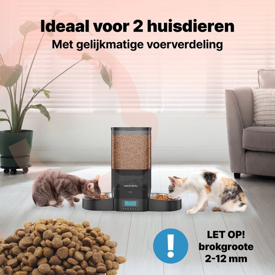 Jake and Jacky Automatic Feeder Cat and Dog - 5 Litres - Includes 2 Stainless Steel feeders & 2 Slow feeders - Feeding Dispenser & Anti-Snack Bin - Food Dispenser - Feeder for Cats & Dogs - Black
