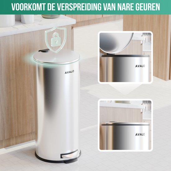 Avalo Pedal Bin Trash 30L - Stainless Steel Silver - Soft Close - Pedal Bin 30 Liter - Trash 30 Liter