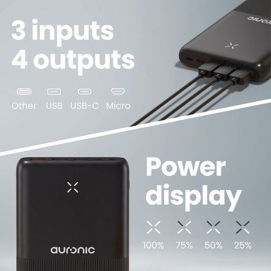 Auronic Powerbank 30 000 mAh - Charge rapide 22,5 W via USB-C, USB-A, Micro-USB - Câble inclus - Universel - Charge rapide - Pack d'urgence - Noir