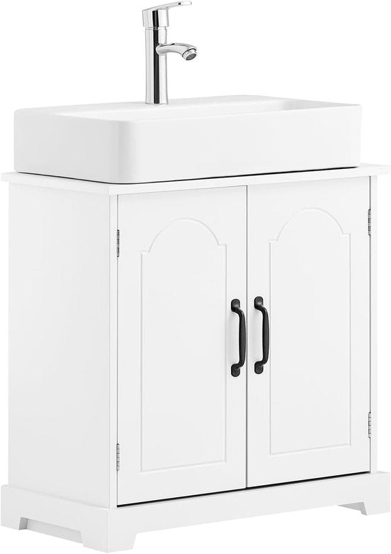 SoBuy Meuble bas pour évier, salle de bain, 60 cm, petit meuble de rangement sous évier avec étagères réglables, meuble compact pour évier, résistant à l'humidité, en bois, blanc, BZR205-W