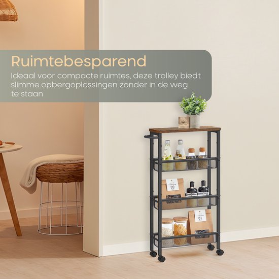 O'DADDY® Kitchen Trolley - Chariot à roulettes étroit - Ilot de cuisine - Chariot de service - Chariot de cuisine à roulettes - Chariot de cuisine - Design industriel - Bois brun - Métal noir