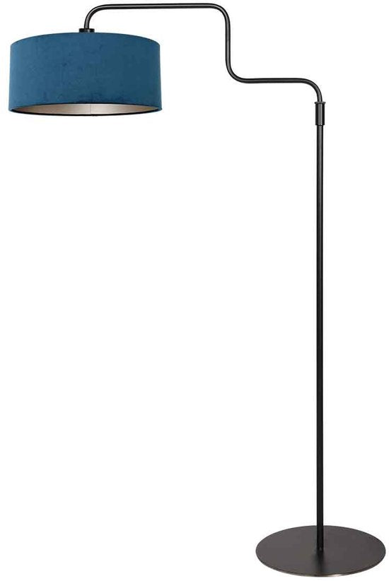 Lampadaire noir Bloeba 4169ZW de Steinhauer avec hauteur réglable (150-165 cm) et bras pivotant extensible jusqu'à 66 cm, base en métal avec abat-jour en velours bleu Ø40cm, design tendance pour l'intérieur.