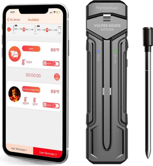 Vulpes Goods® Kitchen Meat Thermometer Wireless with App - 5-in-1 BBQ Thermometer - Oven Thermometer and Cooking Thermometer - Core Thermometer - 80m Range - 1 Probe - Stainless Steel - Water Resistant