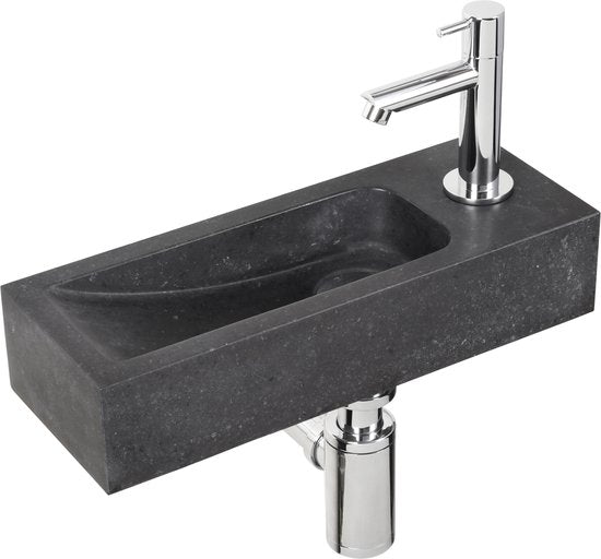 Differnz Fontaine Luxor - Evier en pierre naturelle - Noir - Robinet courbe - Chrome - Poignée standard - 38 x 14 x 8 cm