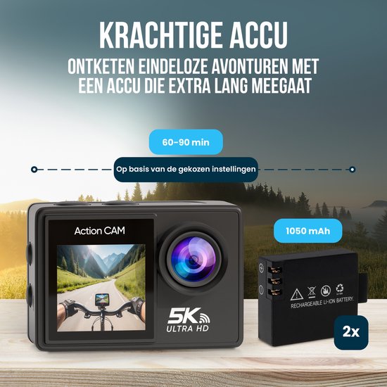 Camera 5K - Strex Action - 50MP, 60FPS - 30M - Waterproof - Écran tactile - Microphone externe - Accessoires inclus - Noir