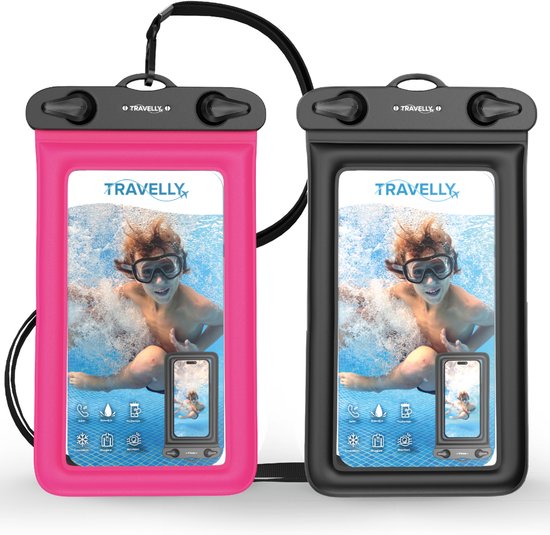 Travelly® Waterproof Phone Case Set of 2 - Universal Underwater Case for Smartphone - Convient à tous les téléphones - Drybag - Pour les vacances, la natation et les sports nautiques - Black/Pink