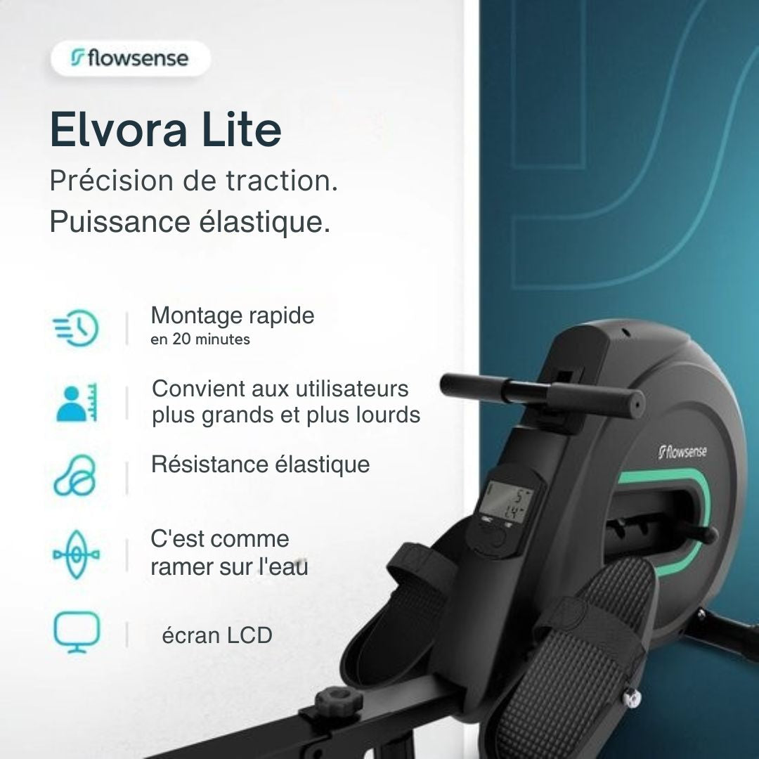 Rameur Flowsense Elvora Lite - pliable - Résistance élastique - Affichage LCD - Silencieux et compact - Pour utilisateurs jusqu'à 200 cm / 115 kg - noir