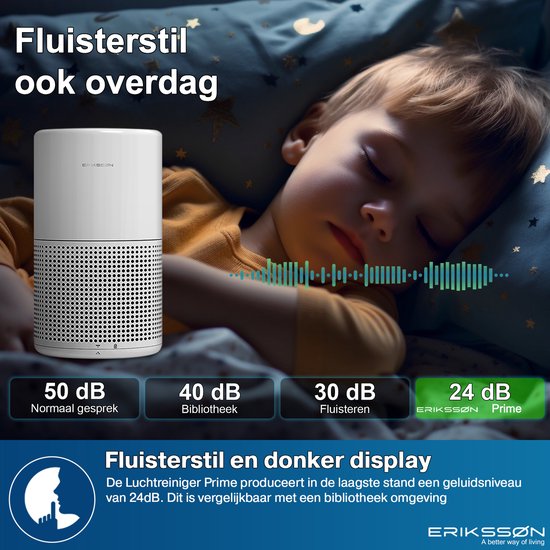 Erikssøn Purificateur d'air Prime - Blanc - 70 m3/h - Aide à lutter contre la poussière, le rhume des foins et les allergies - Avec filtre Hepa - Purificateur d'air