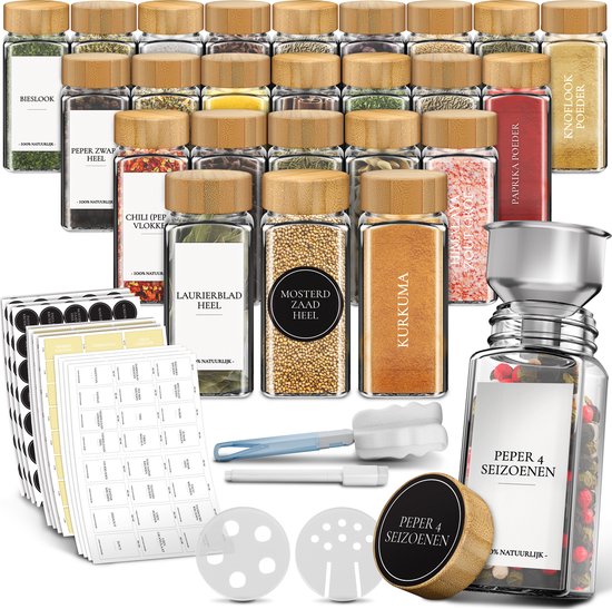 Soothe 24 pots à épices carrés en verre avec couvercle en bambou - 2 types de couvercles à saupoudrer - Spice Spreader - pots à épices - Set complet avec stickers à épices, stick à craie et accessoires - 120ml