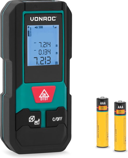 Distancemètre laser VONROC - portée de 20 mètres - format très compact - mesure la distance, la surface, le volume, Pythagore - référence de mesure réglable - piles incluses