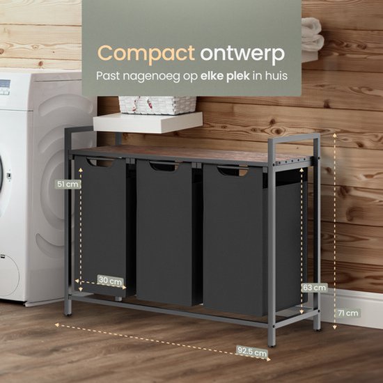O'DADDY® Laundry Basket 3 Boxes - Trieur de linge - Extensible - Assemblage facile - 92.5 x 33 x 71 cm - Capacité 114L - 3 Sacs - Bois brun - Métal noir - Paniers à linge - Boîte à linge