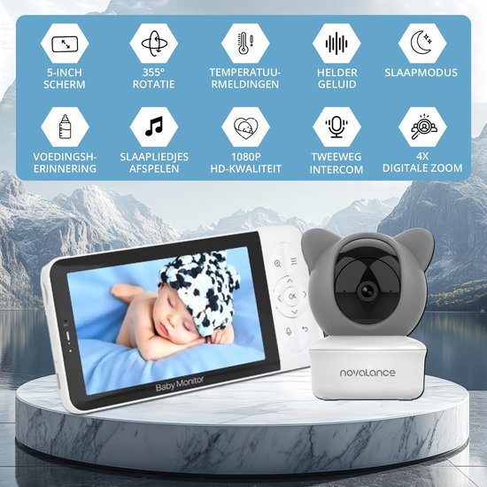Novalance - Baby Monitor Wifi - Baby Monitor avec caméra - Baby Monitor avec écran 5 pouces - Berceuses - Détecteurs intelligents