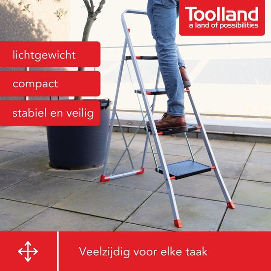 Escabeau Toolland Stepix, 4 marches, pliable, échelle de maison avec poignée haute, pieds antidérapants et marche antidérapante sur les deux marches, revêtement époxy, métal, capacité de charge jusqu'à 150 kg