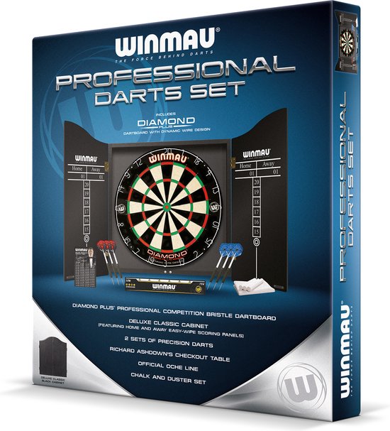WINMAU - Jeu de fléchettes professionnel avec plateau de fléchettes Diamond Plus Bristle, cabinet noir, avec 2 jeux de fléchettes et ligne d'oche officielle