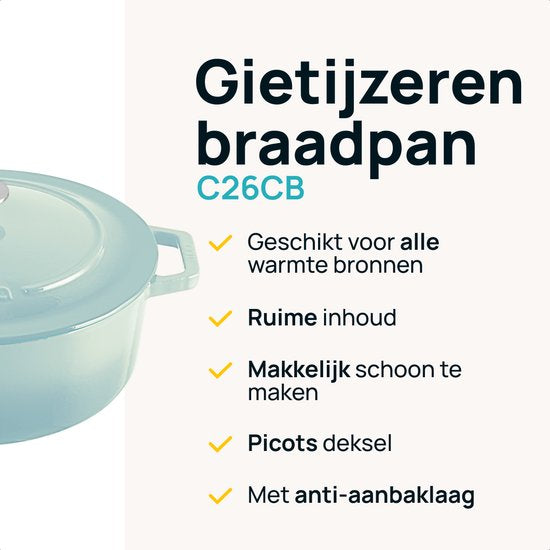 MOA Casserole en fonte - 7,2L - Pour toutes les sources de chaleur y compris l'induction - Avec couvercle - Ø 30cm - Revêtement antiadhésif - Bleu clair