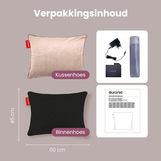 Auronic Heat Pillow - Velours - 45x60 - Sans fil - Rechargeable - Oreiller électrique - Infrarouge - Rose